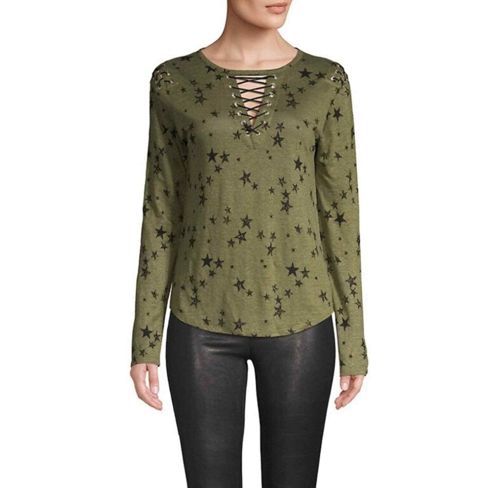 Generation Love Valentina Star Print Lace Up Linen Tee Green XS Long Sleeve